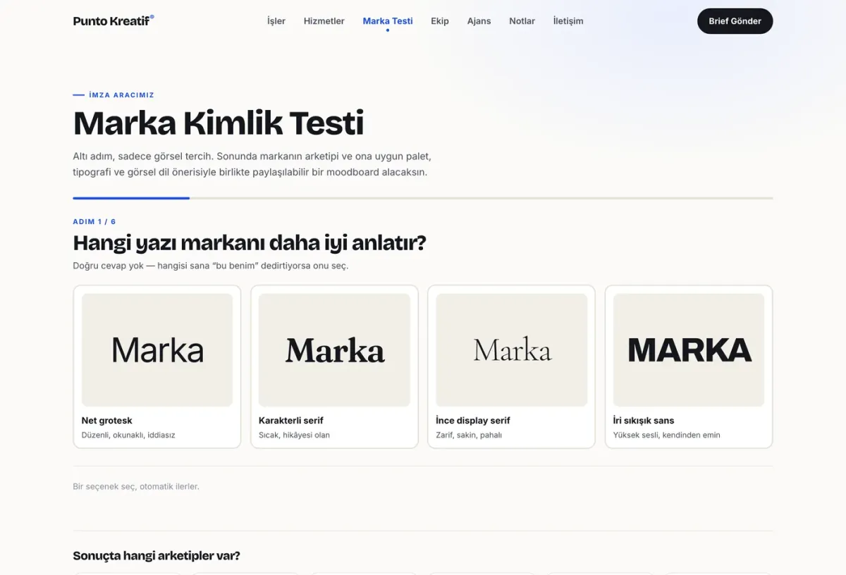 Marka Kimlik Testi — altı adımda görsel seçim; metin değil, tercih