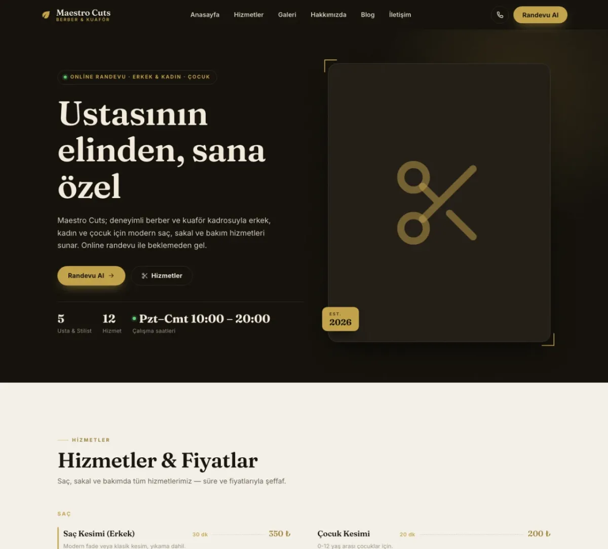 Maestro Cuts anasayfa — hero ve online randevu