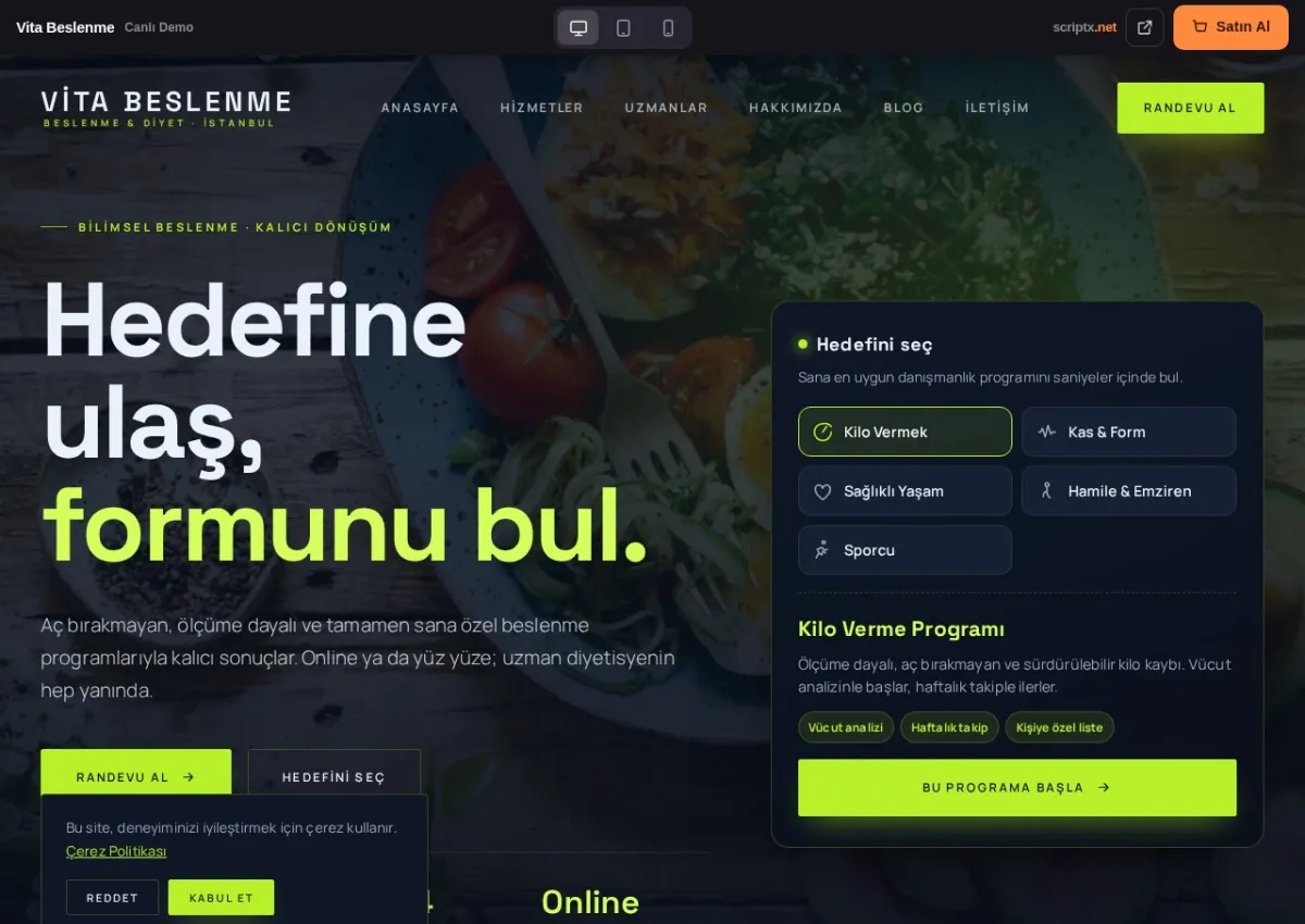DiyetPro Diyetisyen & Beslenme Website Yazılımı — canlı demo (ana sayfa)