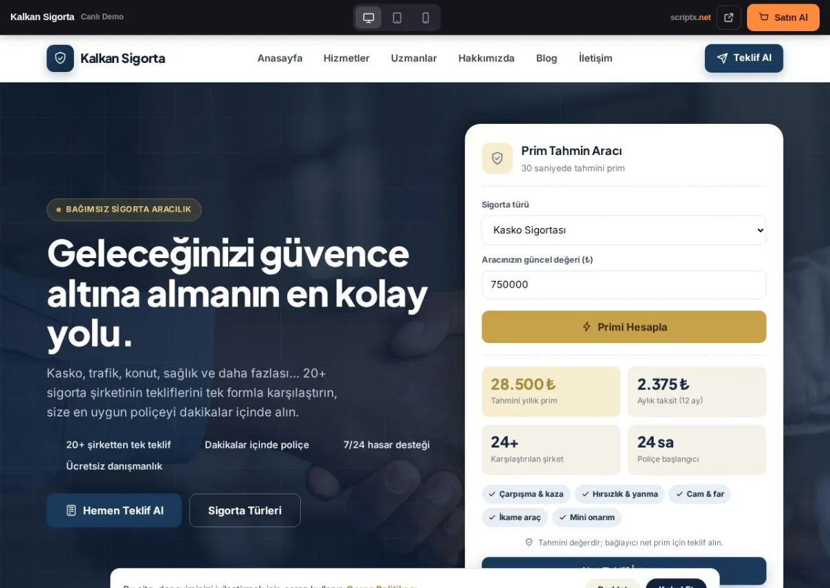 SigortaPro Sigorta Acentesi Website Yazılımı — canlı demo (ana sayfa)