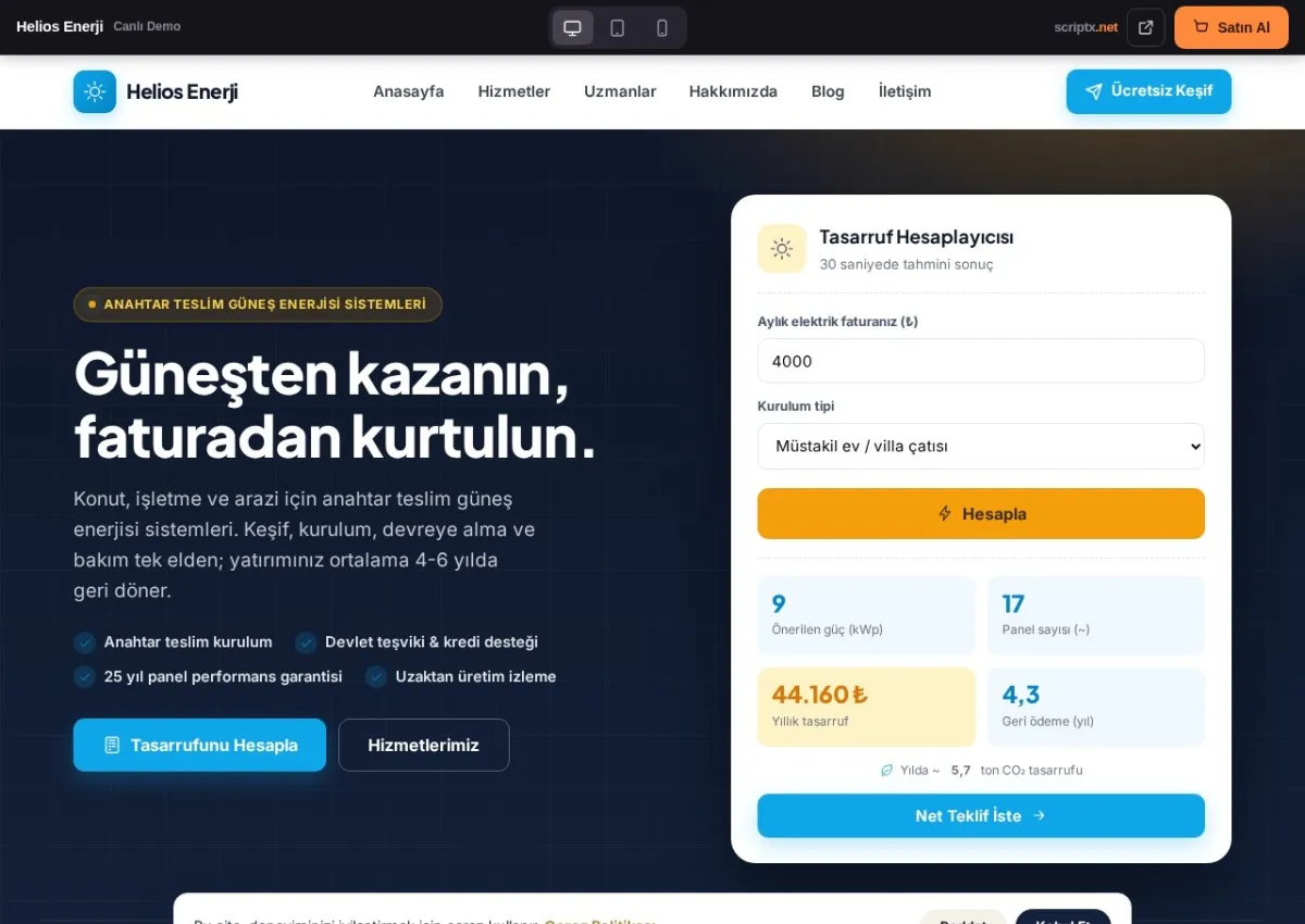 SolarPro Güneş Enerjisi (GES) Website Yazılımı — canlı demo (ana sayfa)