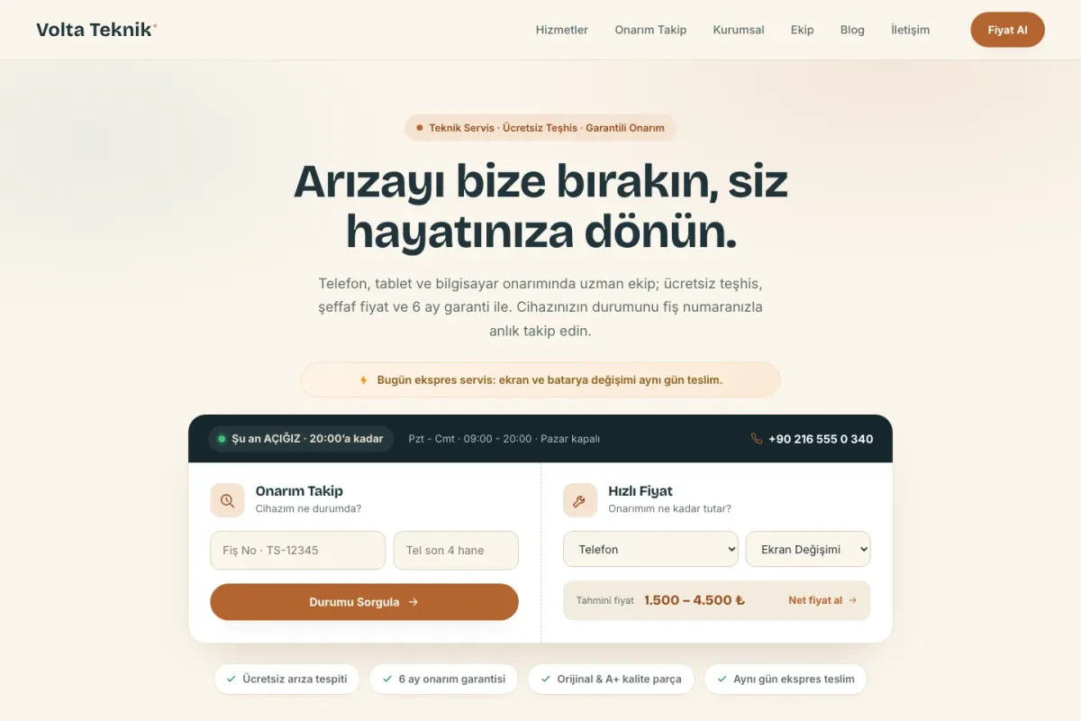 Servis Bankosu anasayfa — onarım takip sorgusu ve hızlı fiyat aracı doğrudan hero alanında