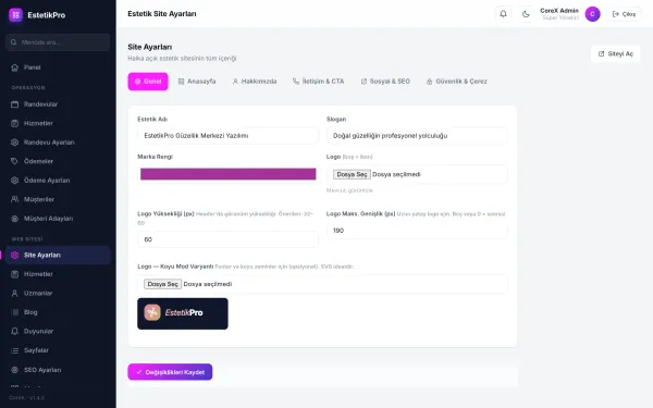 Yönetim — Site ve merkez ayarları