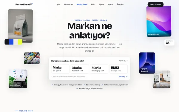 Kolaj duvarı anasayfa — hero'nun tam ortasında çalışan test adımı