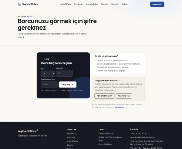 Şifresiz daire girişi — daire no ve telefonun son 4 hanesiyle borç sorgulama