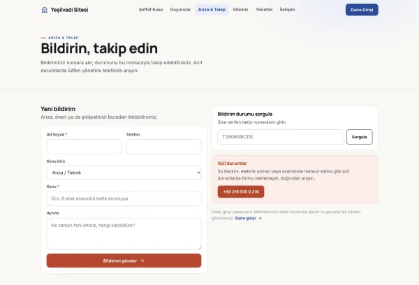 Arıza & talep bildirimi — takip numarası ve durum aşamaları