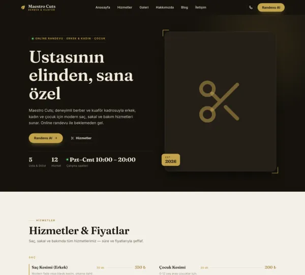Maestro Cuts anasayfa — hero ve online randevu