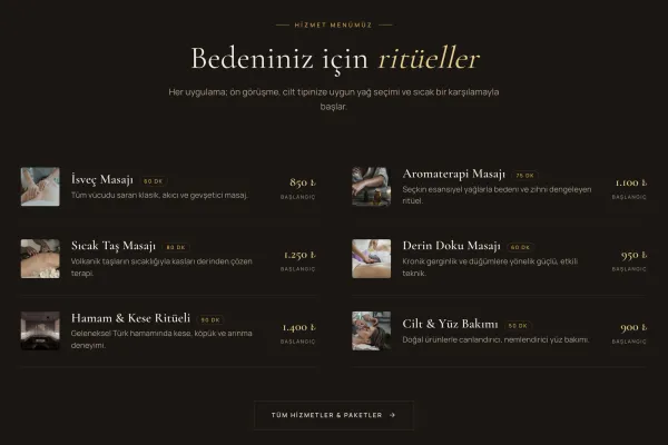 Hizmet menüsü — süre & fiyatlı ritüeller