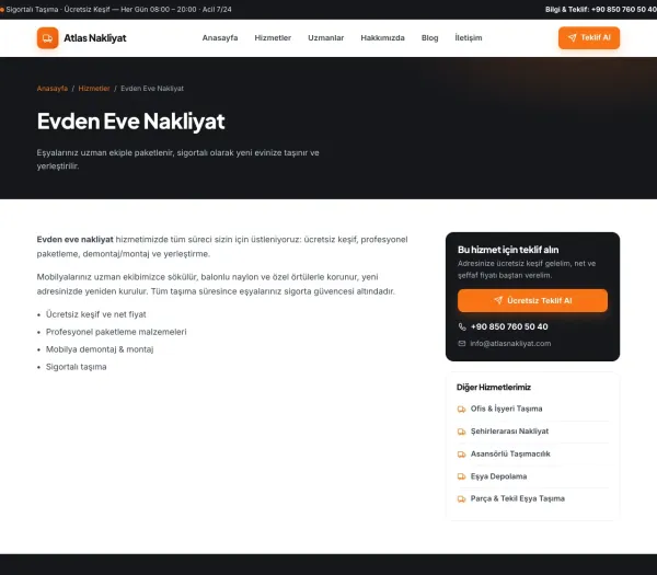 Detaylı hizmet sayfası + teklif kartı