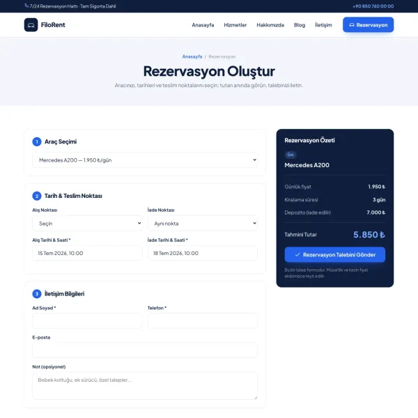 Profesyonel rezervasyon — takvim + canlı tutar
