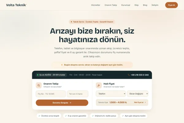 Servis Bankosu anasayfa — onarım takip sorgusu ve hızlı fiyat aracı doğrudan hero alanında