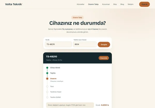 Onarım Takip — müşteri fiş numarasıyla cihazının hangi aşamada olduğunu görüyor
