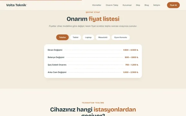 Şeffaf fiyat listesi — cihaz sekmeleriyle onarım fiyat aralıkları